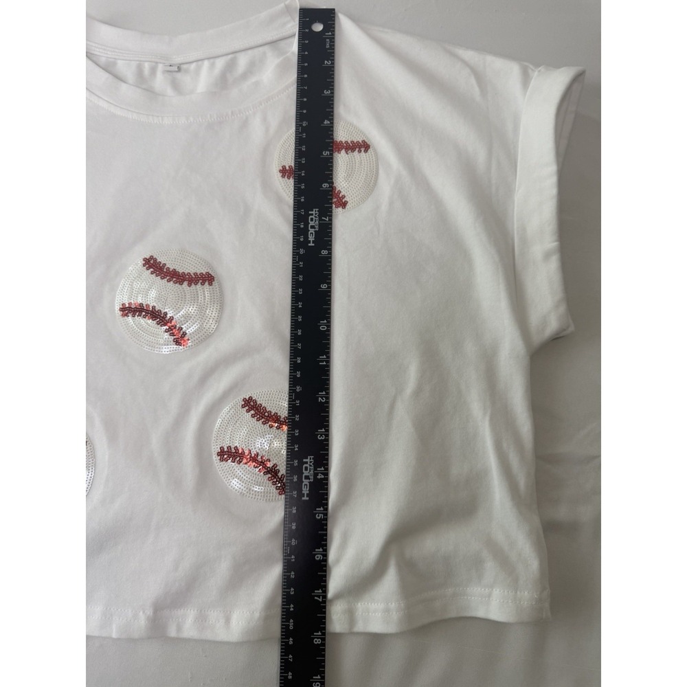 Womens Large White Crop Top Sequin Baseball Graphic Tee Short Sleeve Casual - Picture 7 of 7